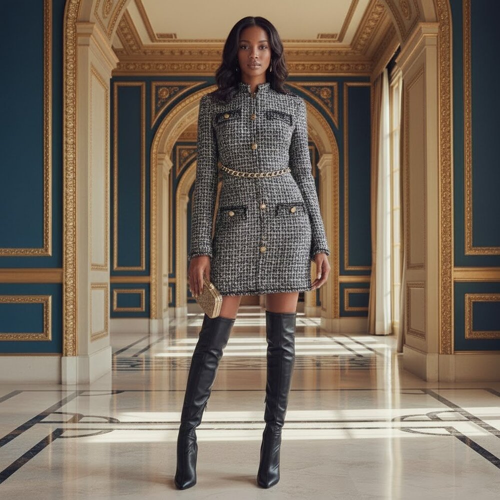 Chained button zip fringe tweed blazer mini dress